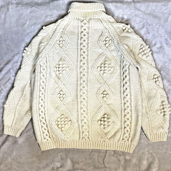 Vintage Handmade Aran Wool Sweater Women’s L Cable Knit Bobble Stitch Fisherman - Picture 5 of 8